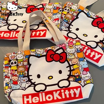 Sanrio Hello Kitty Холщовая Сумка Большой Емкости с Рисунком Каваи, Портативная Сумка для подмышек в стиле Колледжа, Легкая Сумка для покупок, Женская