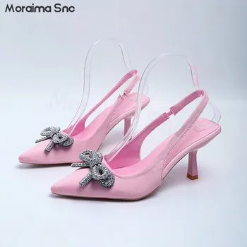 Розовые замшевые туфли-лодочки с бантом, украшенные стразами, на высоком каблуке-шпильке с острым носком и пустой пряжкой сзади, Пикантные элегантные женские туфли на высоком каблуке