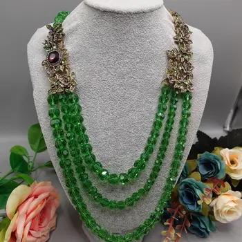 Многослойное длинное ожерелье из зеленого хрусталя с украшениями в виде цветов и зеленых листьев, инкрустированных бриллиантами из сплава