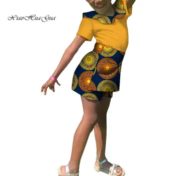 Африканская Детская Одежда, Комплекты с рубашкой и короткими штанами в стиле Анкара, Африканский восковой принт, Bazin Riche, Африканская Одежда Для девочек, WYT625
