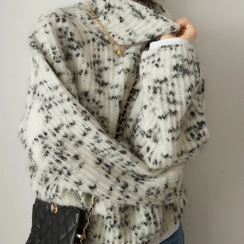 Женский модный свитер с высоким воротником из смесового мохера, новинка 2022, Свободный пуловер в крапинку, топ
