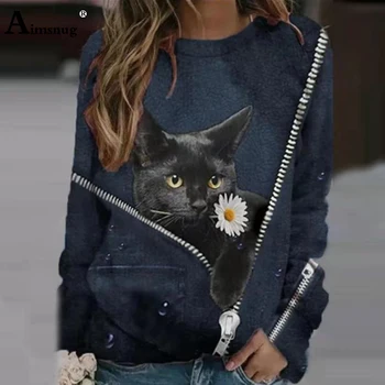 Женская Элегантная модная футболка, топы с художественным принтом кошек, Женские футболки, Одежда 2021, Новая осенняя Свободная футболка Femme