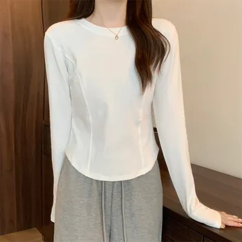Осенняя новая повседневная футболка в японском и корейском стиле, приталенная, с длинным рукавом и круглым вырезом на подкладке
