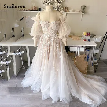 Smileven Светло-Шампанское Кружевное Свадебное платье с пышными рукавами в виде сердца, Платья невесты Robe De Mariee, Свадебные бальные платья