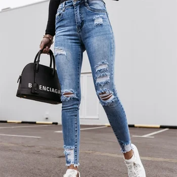 Женские Облегающие модные Повседневные джинсы с эластичной талией, Джинсовые брюки-карандаш с высокой талией, Женские Классические брюки больших Размеров с дырками, Популярные