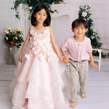 Красивые светло-розовые платья для девочек из тюля с цветочным рисунком, Элегантное сетчатое платье с круглым вырезом и без рукавов для девочек в цветочек, детские платья с оборками
