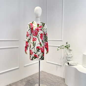 Новая горячая распродажа, Женская высококачественная коллекция шелковых тюльпанов, винтажное мини-платье с длинным рукавом и круглым вырезом, Весна-лето