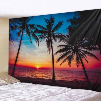 Гобелен с видом на кокосовую пальму и море, восход солнца, художественное украшение, одеяло, ткань для домашнего фона, богемная гостиная в стиле хиппи, общежитие