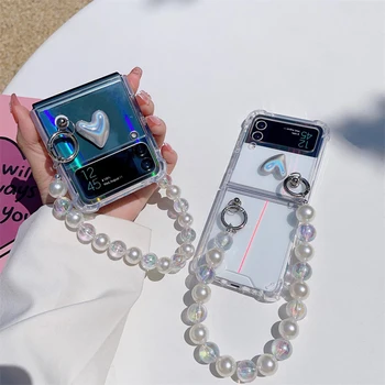 Прозрачный Складной Чехол для Samsung Galaxy Z Flip 3 4 5G Жесткий ПК и Мягкий Чехол Для смартфона из ТПУ с Цепочкой Противоударный Чехол Для Телефона