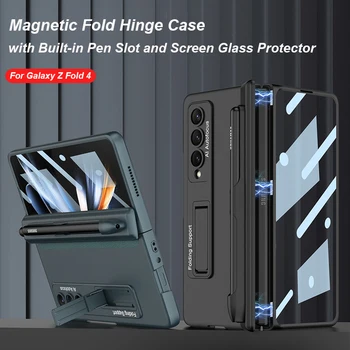 Для Samsung Galaxy Z Fold 4 Чехол 5G с Магнитным Шарниром, Прорезью для ручки, Подставкой для Ног, Твердая Крышка с Защитным Стеклом для Samsung Fold4
