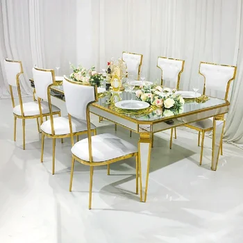 прямоугольное зеркальное стекло золотой обеденный стол металлический свадебный стол из нержавеющей стали