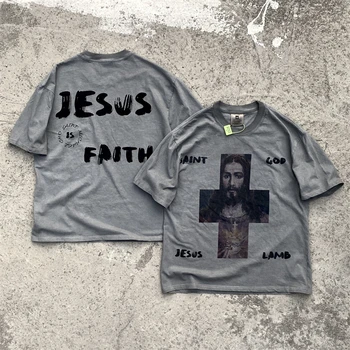 Футболка с крестом Иисуса 2023ss Для мужчин и женщин, Высококачественные винтажные футболки с хорошей стиркой, футболки Оверсайз