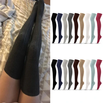 1 Пара женских носков выше колена, однотонные женские сексуальные чулки 
Теплые длинные чулки до бедра, грелки для ног, осенне-зимние высокие носки