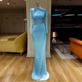 Новое Синее платье для выпускного вечера 2022, сшитое на заказ с длинными рукавами, асимметричным вырезом и Шлейфом, вечерние платья для Вечеринок, вечернее платье Русалки
