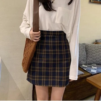 Винтажная клетчатая юбка HOUZHOU, женские мини-юбки трапециевидной формы с высокой талией, уличная одежда в стиле Харадзюку, Корейская мода, повседневная осенняя одежда для школьниц