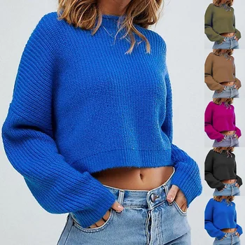 2023 Элегантные однотонные вязаные свитера, женский базовый свитер Оверсайз с круглым вырезом, осенне-зимний укороченный топ с длинным рукавом, женский