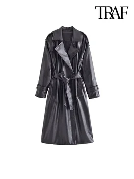 TRAF Женский модный тренч из искусственной кожи с поясом, Винтажный тренч с длинными рукавами и карманами с клапанами, женская верхняя одежда, Шикарное пальто