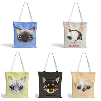 Мультяшные Повседневные Винтажные женские сумки в стиле Харадзюку с кошками и Собаками Большой емкости, Многоразовая холщовая эко-сумка для покупок, женская сумка через плечо