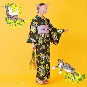Японское кимоно, Халат, Женский Традиционный стиль, Натуральная хлопчатобумажная ткань, Японская Фотография, Кимоно для путешествий, Кошка