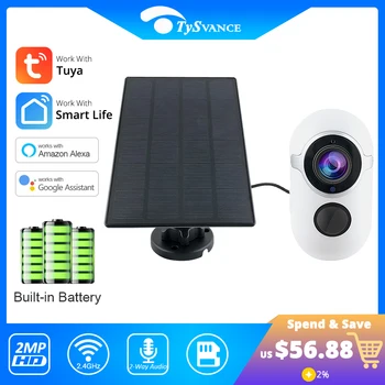 Камера Tuya Wifi, 2-мегапиксельная батарея, наружное солнечное видеонаблюдение, ночное видение 1080P, IP66 Водонепроницаемый, работа с Alexa Google