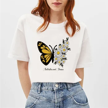 Женская футболка BLINGPAW с принтом Маргаритки и бабочки, Летние Топы и футболки с короткими рукавами и круглым вырезом, Повседневные Женские Футболки Большого Размера из 100% Хлопка