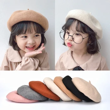Новые модные детские Шерстяные Береты для девочек, Теплая шапка-бини французского художника, зимняя однотонная Винтажная Элегантная женская кепка