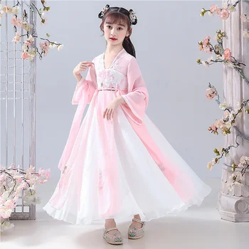 Традиционная китайская одежда, Весенняя детская одежда с вышивкой из вуали для девочек, Hanfu Vestido, костюм Супер Феи эпохи Тан, Древнее платье принцессы