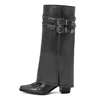 Женская обувь из 100% натуральной кожи, Новый бренд, ковбойские мотоциклетные ботинки в стиле панк, Рыцарские сапоги на толстом каблуке с заостренными заклепками длиной до колена