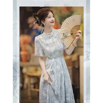 Высококачественное 2023 Новое женское платье Чонсам с Вышивкой, Тонкое Элегантное Длинное свадебное платье в китайском стиле Ципао, Модное синее
