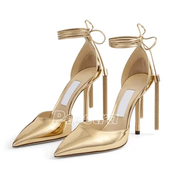 Женские туфли-лодочки с металлическим острым носком 2023, Летняя подвеска с кисточками, однотонная обувь из лакированной кожи на тонком высоком каблуке, роскошная обувь для вечеринок