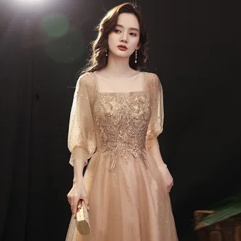Сетчатое вечернее платье цвета шампанского, Мечтательное платье Макси Феи, изысканное женское Платье с аппликациями и пайетками для банкета, вечернее платье для вечеринки