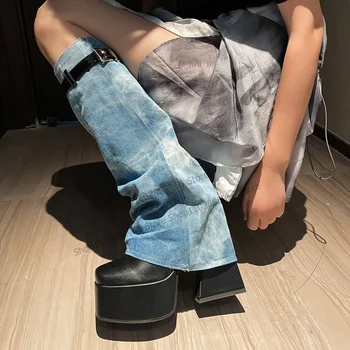 Сапоги до колена на джинсовой платформе с пряжкой и декором, Женская обувь на толстом каблуке Без застежки с квадратным носком, Мода 2023 года, Zapatos Para Mujere
