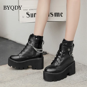BYQDY/ Женские ботинки на платформе с цепочкой, Модные женские Ботильоны на массивном каблуке, Черные туфли в готическом стиле на шнуровке, Осень, Большие Размеры
