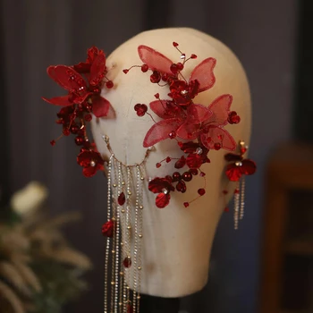 новый винно-красный цветочный набор с кружевом и бахромой, свадебные аксессуары для волос tocado de piedras para el pelo, Свадебные аксессуары для волос
