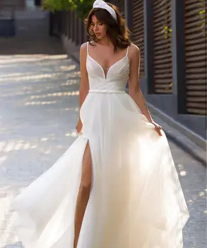 Великолепные свадебные платья на бретельках Трапециевидной формы с разрезом сбоку, без рукавов, Высококачественное Свадебное платье с открытой спиной, Изящная складка