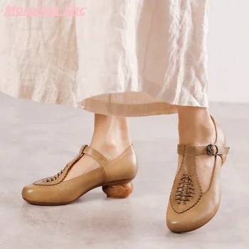 2022, Новейшая женская обувь на каблуке в странном стиле, натуральная кожа, нитки для шитья, круглый носок, Удобная Мода, горячая распродажа