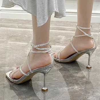 2022 Модные Стразы, Гладиаторские серебряные босоножки на высоком каблуке с ремешком на щиколотке, женские пикантные вечерние свадебные туфли на шпильке