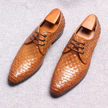 Высококачественная мужская обувь из роскошной натуральной кожи для офиса, свадьбы, мужские официальные Черно-коричневые оксфордские туфли на шнуровке с острым носком