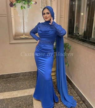 Русалочьи Синие мусульманские платья для выпускного вечера с длинными рукавами и высоким воротом, расшитые бисером, длина до пола, Саудовские Арабские женские вечерние платья, официальная вечеринка