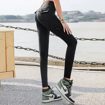 Женские брюки для фитнеса для йоги с высокой талией, подтягивающие бедра, облегающие спортивные леггинсы для бега с карманом из акульей кожи
