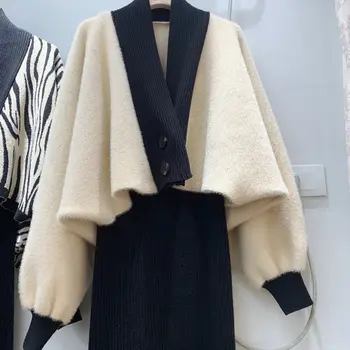 Осенний костюм женский 2021, Новый стиль, имитация норковой шубы в иностранном стиле, платье-свитер, комплект из двух предметов
