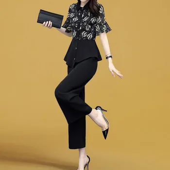 Женская Летняя Повседневная Блузка с принтом 2023, Комплект из двух предметов, Элегантные Модные Широкие Брюки, Комплекты женской одежды