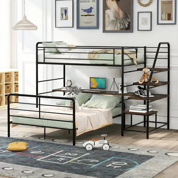 Двуспальная двухъярусная кровать Включает в себя 1 каркас кровати-чердака со столом и лестницей + 1 отдельную кровать-платформу Черного цвета [US-W]