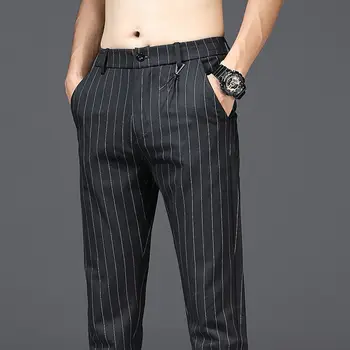 Высококачественные Мужские брюки, черные костюмные брюки в вертикальную полоску, Осенние мужские Классические деловые брюки с эластичной резинкой на талии, тонкие повседневные брюки в клетку
