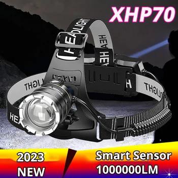 9000 Метров Светодиодный Датчик налобного фонаря XHP70 Самый мощный фонарик USB Перезаряжаемый Головной светильник Torch Light Фонарь 1000000 Люмен