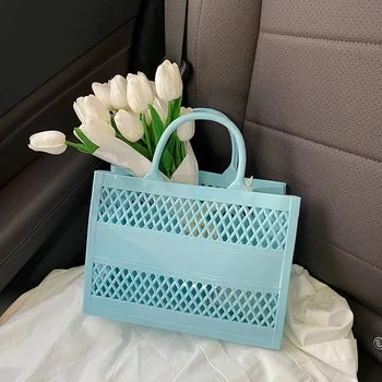 Новая корзина для покупок, переносная сумка для желе, корзина большой емкости, корзина для хранения, полая пляжная сумка ярких цветов, цветочная сумка-тоут