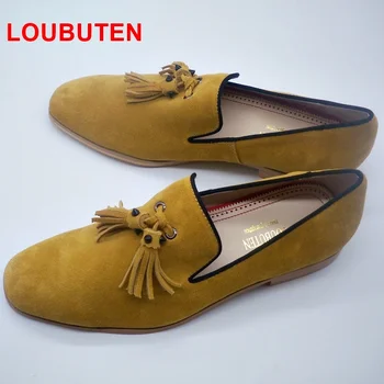 LOUBUTEN/ Новая Мужская Кожаная обувь; Модные Желтые Замшевые Лоферы ручной работы; Модельные туфли с кисточками; Дышащая летняя повседневная обувь;