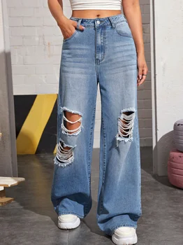 Джинсовые Модные джинсы с высокой талией и перфорацией для стирки, Женские Модные Широкие брюки с разрезом, Женские хлопковые джинсы, Свободные Джинсы для мамы