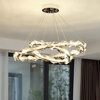Современная роскошная светодиодная люстра с кристаллами Для гостиной, столовой, кухни, спальни, потолочный светильник, Хромированное кольцо, подвесной светильник