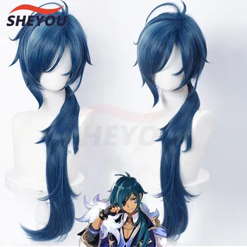 Genshin Impact Kaeya Косплей Мужчины 80 см Длиной чернильно-синий парик Косплей Аниме Косплей Парики Термостойкие синтетические парики + шапочка для парика